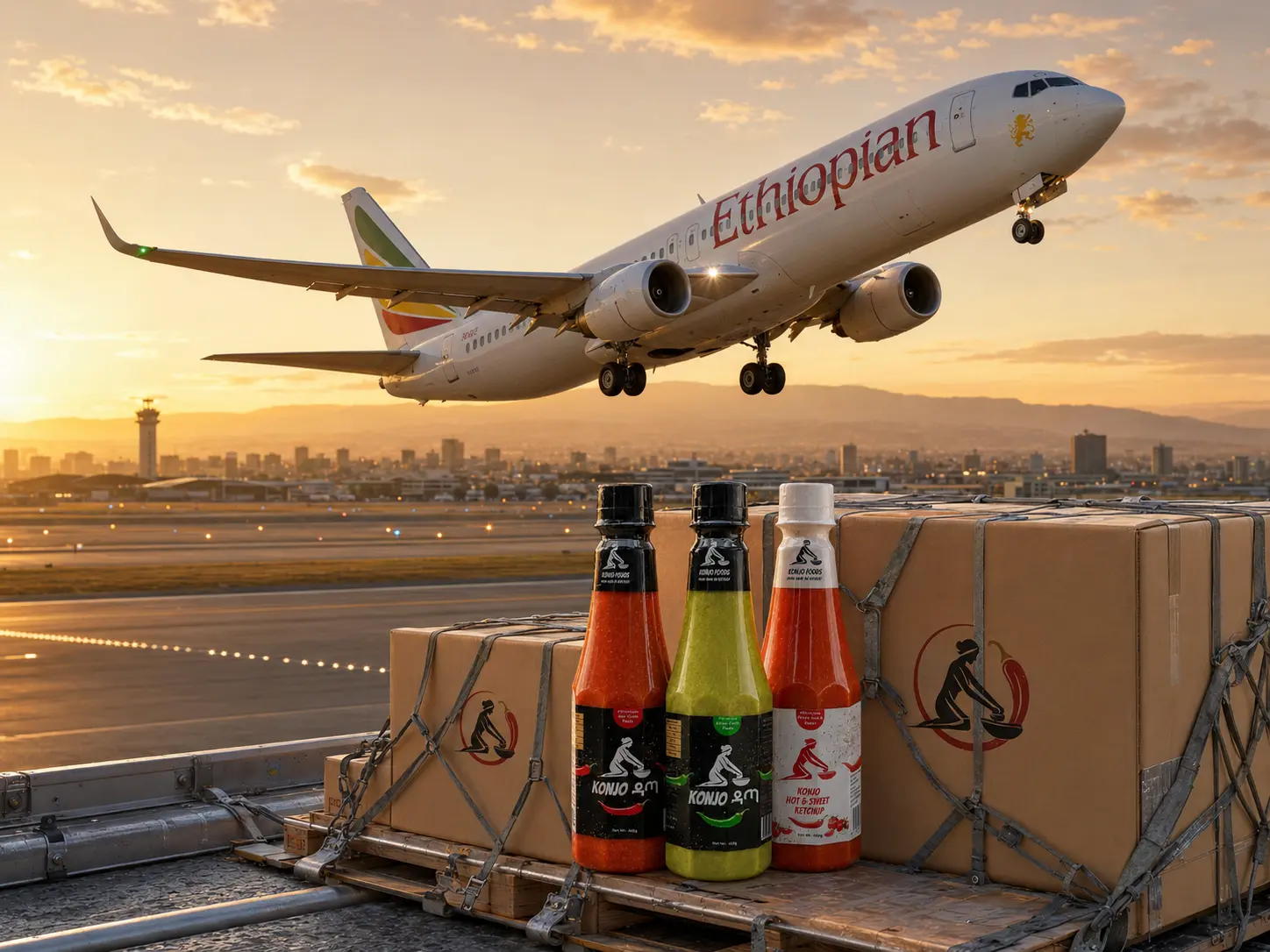 Ethiopian Airlines aircraft taking off above Konjo Foods products and export cargo