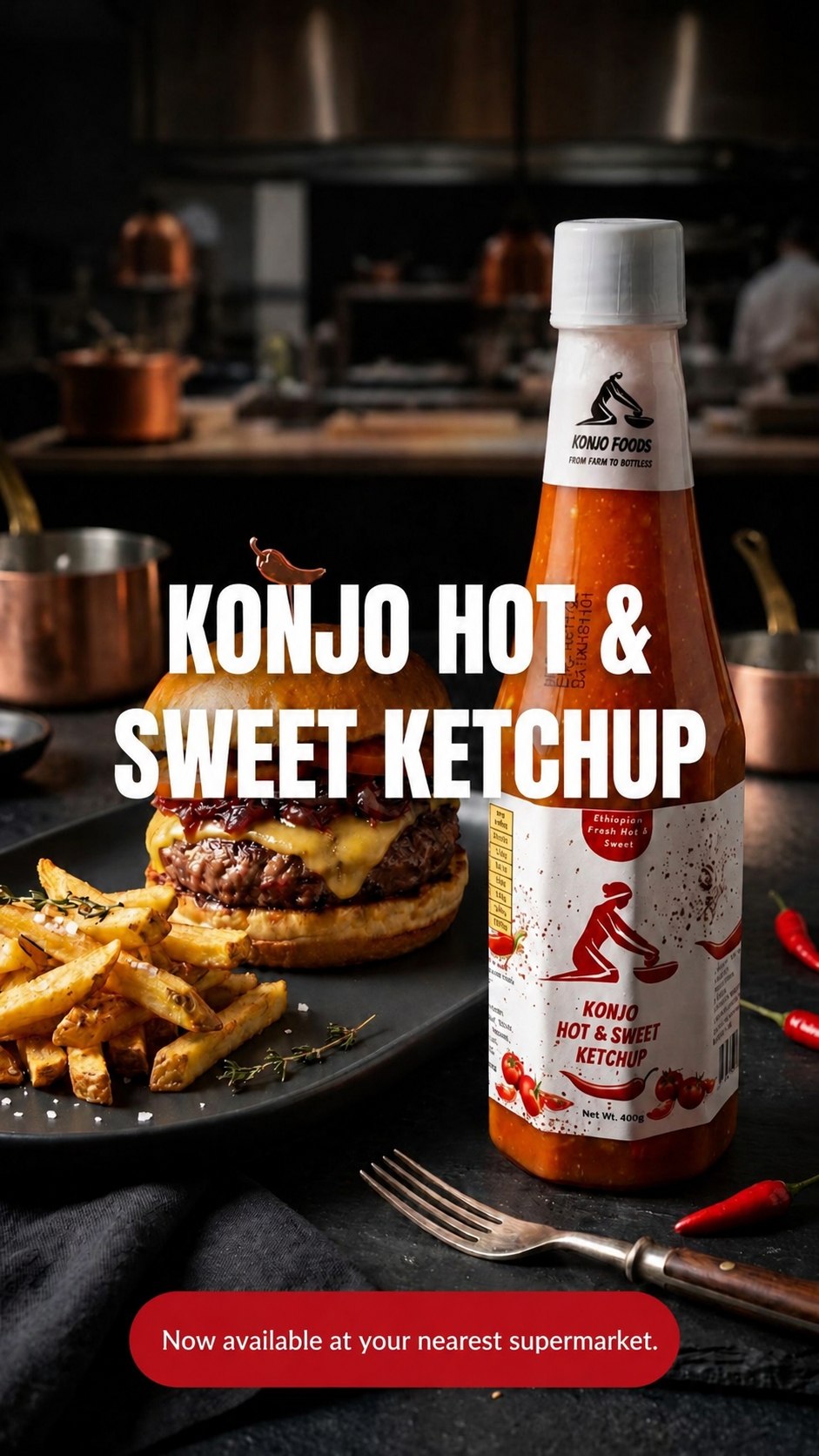 Konjo Hot and Sweet Ketchup bottle served with a burger and fries
