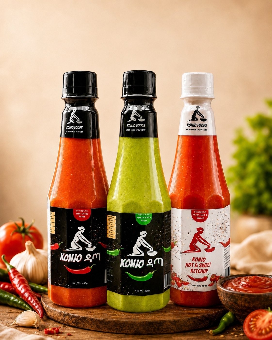 Konjo Foods chili sauces arranged with fresh chilies, garlic and tomatoes