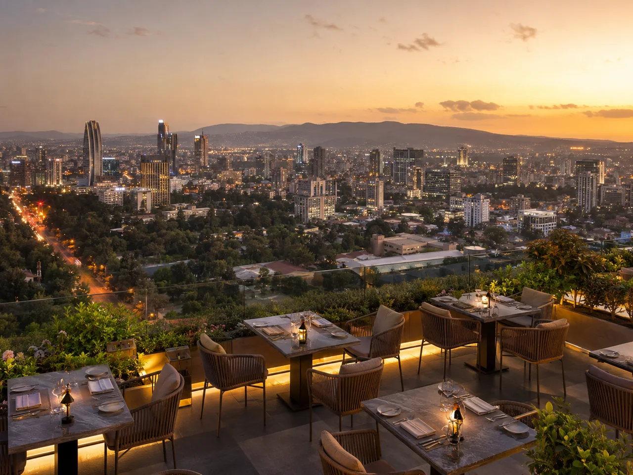 High-angle view of a hotel restaurant terrace overlooking Addis Ababa