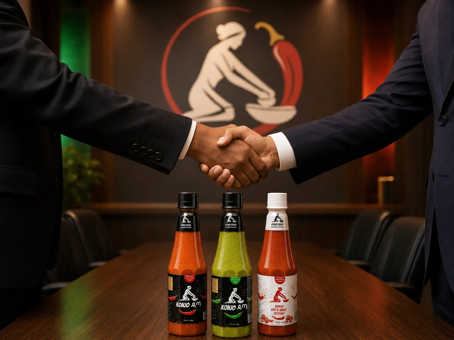 Business partners shaking hands in a Konjo Foods boardroom with the condiment range displayed