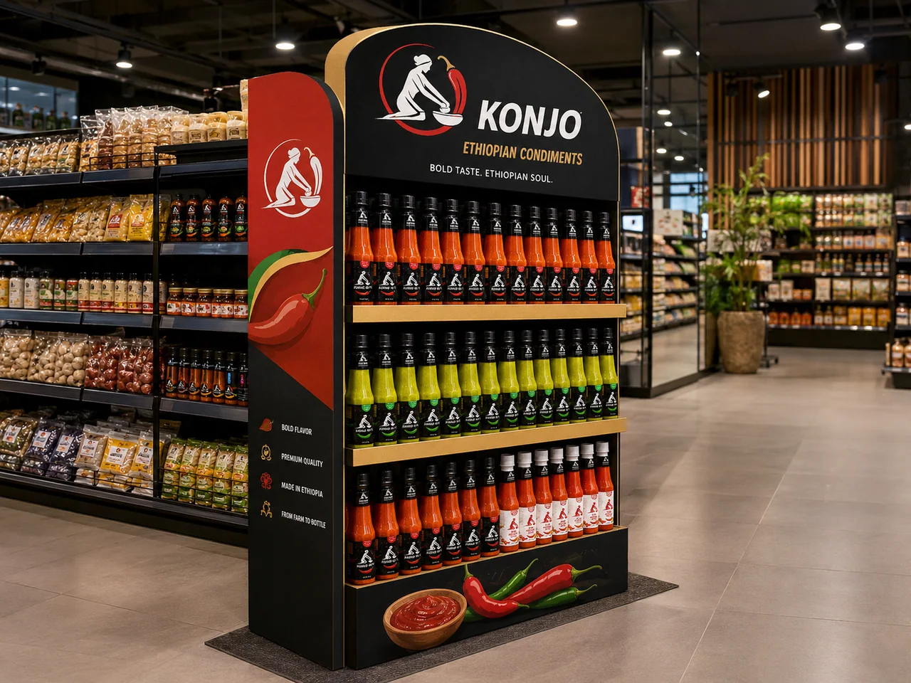 A unified Konjo Foods condiment display in a modern supermarket