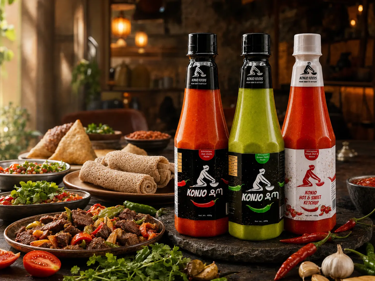 Konjo Datta Red, Datta Green and Hot and Sweet Ketchup presented with Ethiopian food in a warm restaurant setting