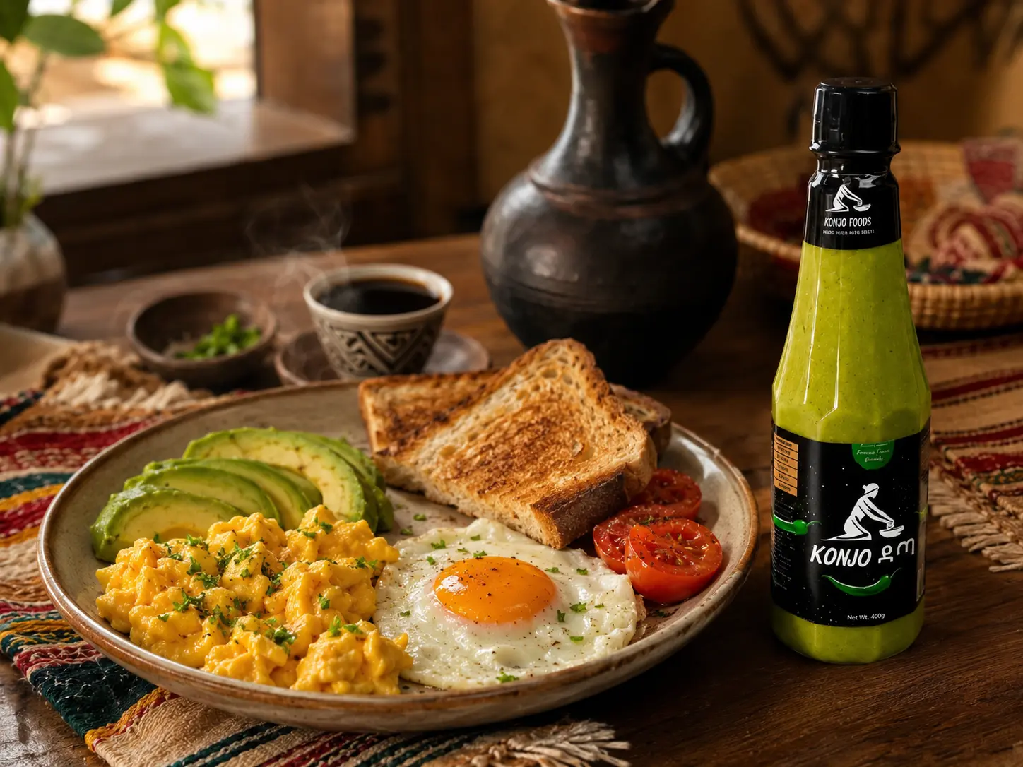 Breakfast eggs, toast and avocado served beside a visible bottle of Konjo Datta Green