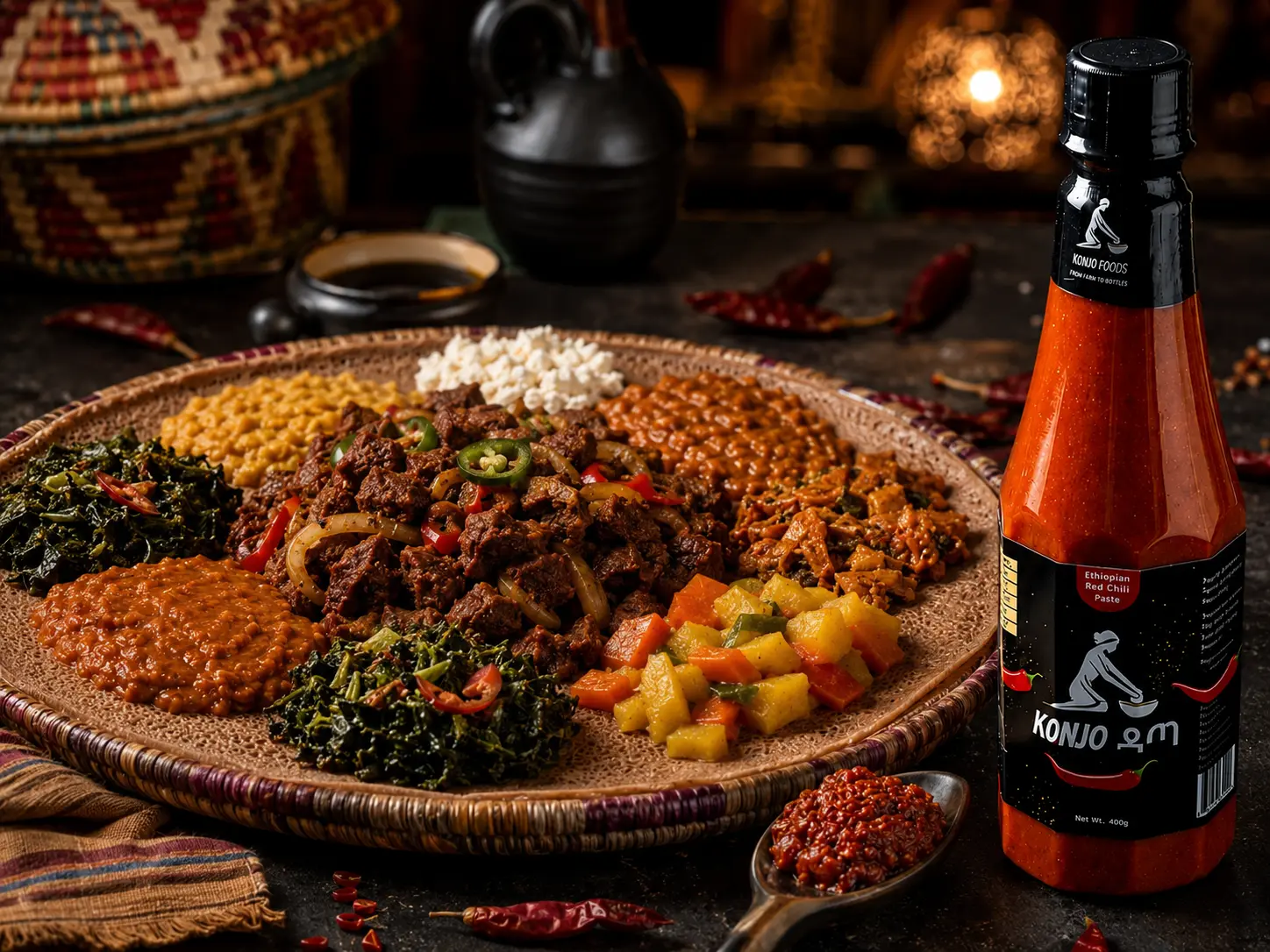 Ethiopian shared platter and finishing spoon beside a visible bottle of Konjo Datta Red