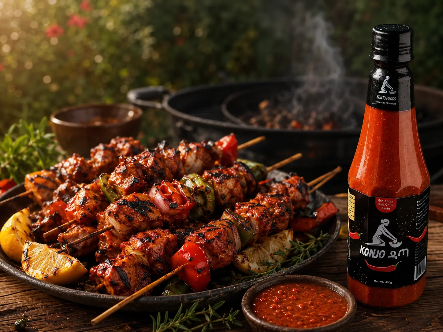 Char-grilled chicken and vegetable skewers beside a visible bottle of Konjo Datta Red