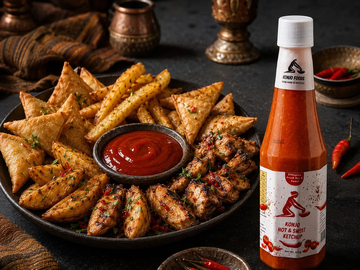 Fries, sambusa and grilled snacks beside a visible bottle of Konjo Hot and Sweet Ketchup