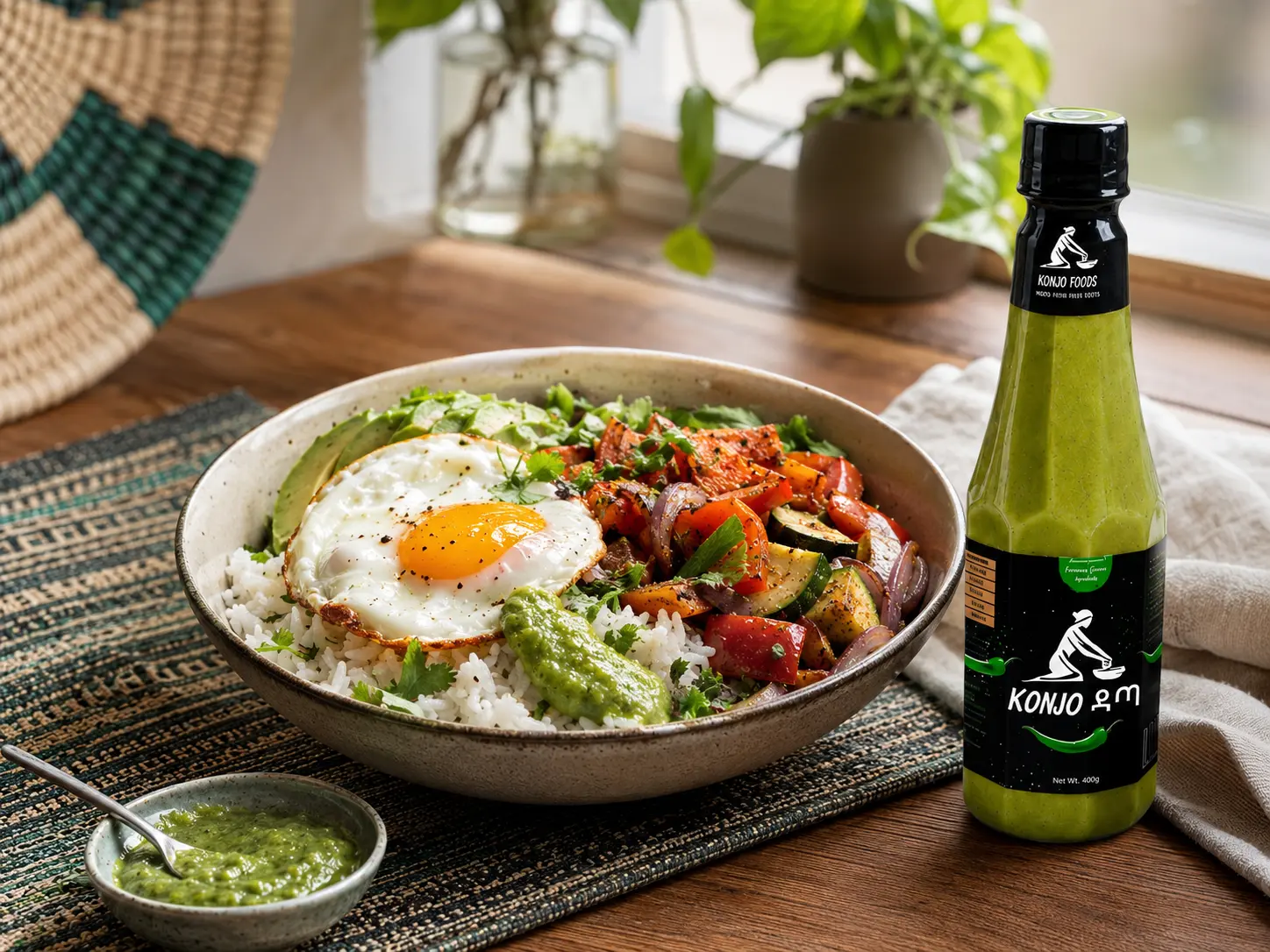 Rice bowl with vegetables and fried egg beside a visible bottle of Konjo Datta Green