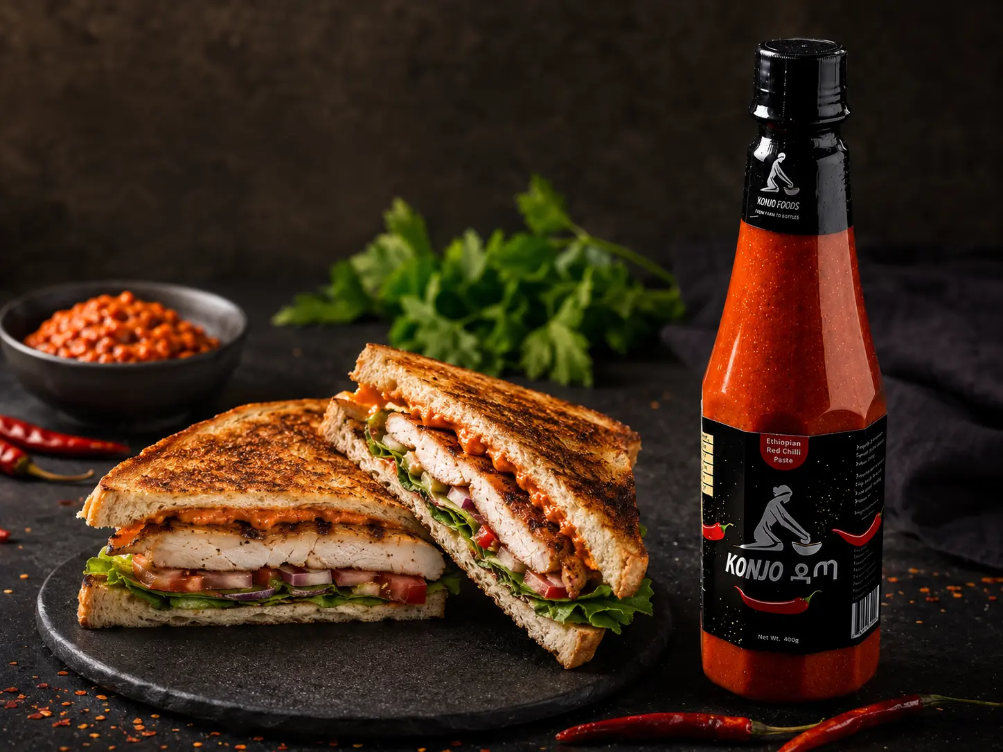 Grilled chicken sandwich with spicy spread beside a visible bottle of Konjo Datta Red