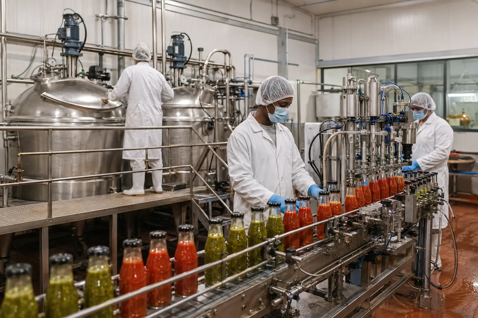 A clean food-processing factory with stainless-steel mixing and condiment filling equipment