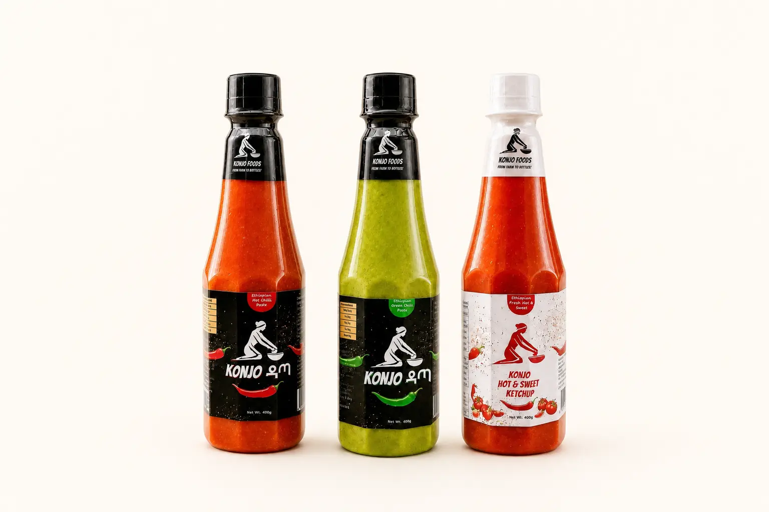 Konjo Datta Red, Konjo Datta Green and Konjo Hot and Sweet Ketchup fully visible on a clean white background