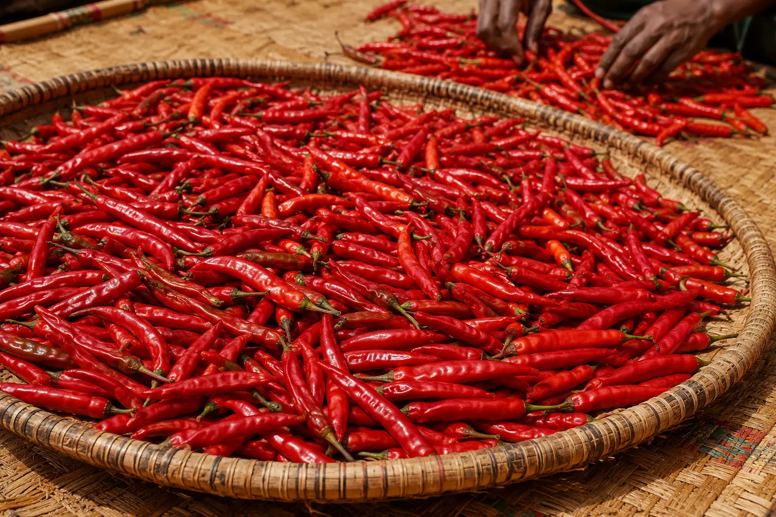 Freshly selected red chili peppers laid out on a traditional Ethiopian woven tray