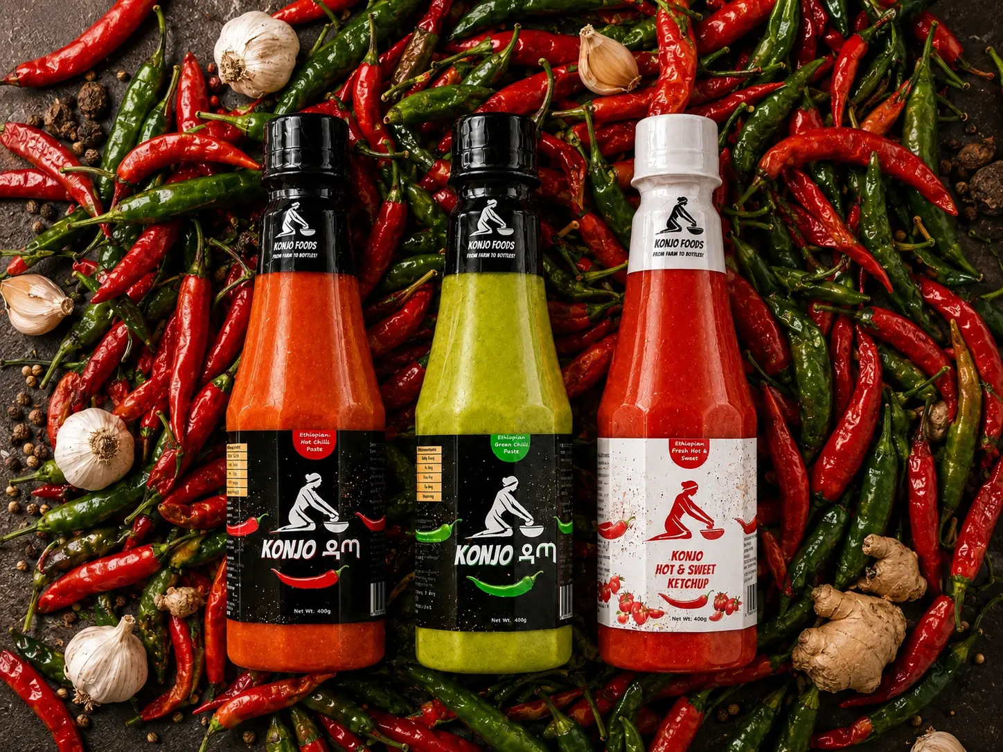 Top-down view of Konjo Datta Red, Datta Green and Hot and Sweet Ketchup surrounded by red and green chili peppers